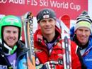 Ted Ligety, Michael Walchhofer und Werner Heel posieren für das Siegerfoto in Val d'Isere.