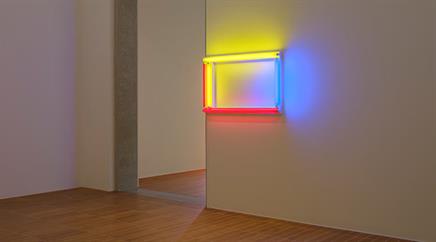 Dan Flavin, a primary picture, 1964, red, yellow, and blue fluorescent light.
